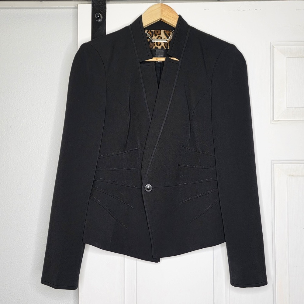 White House Black Market Black Tailored Blazer Leopard Lining Size 6 Career Chic